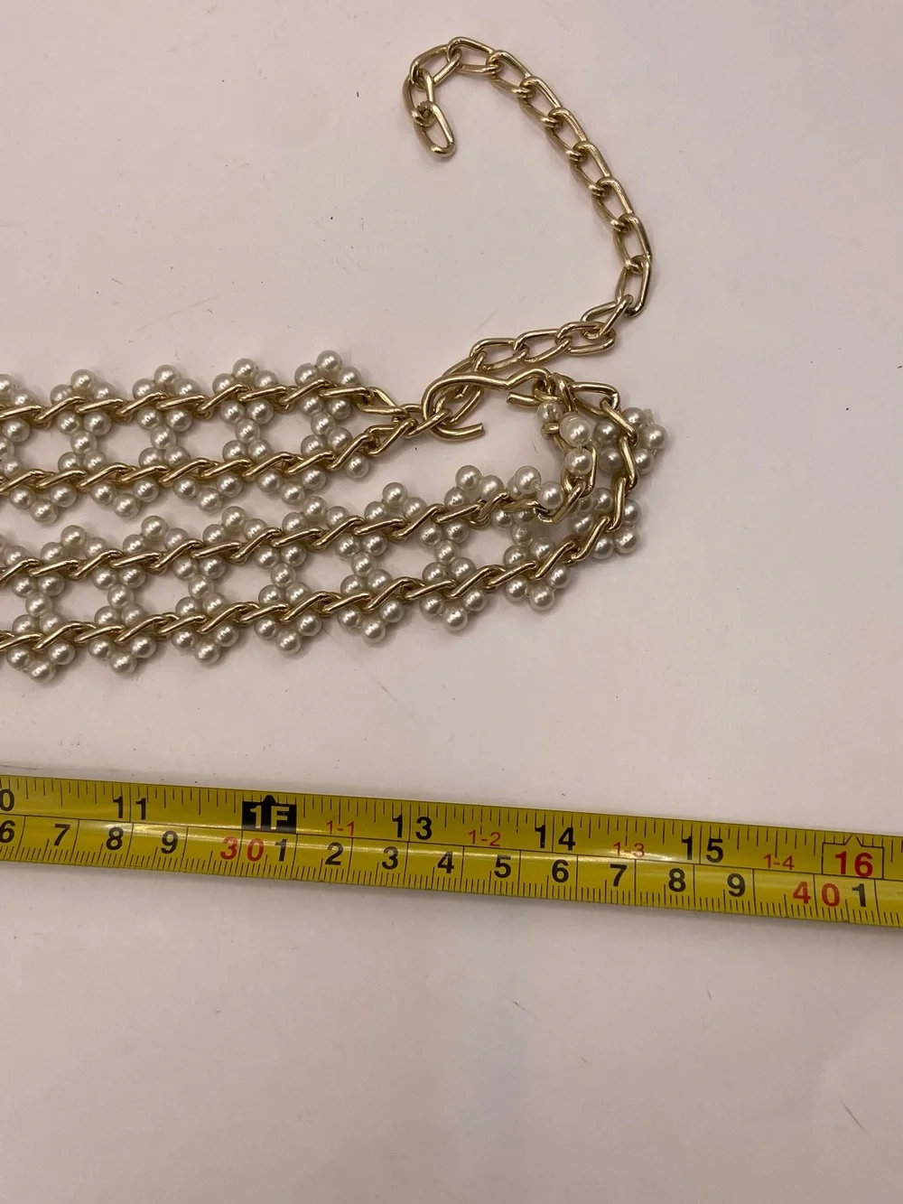 Vintage 1980s Gold Tone Faux Pearl Chain Belt Wide Adjustable Statement Belt